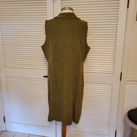 Olive Sleeveless Trench Dress XL Double Breasted V-Neck Long Layering Pockets - Picture 4 of 8